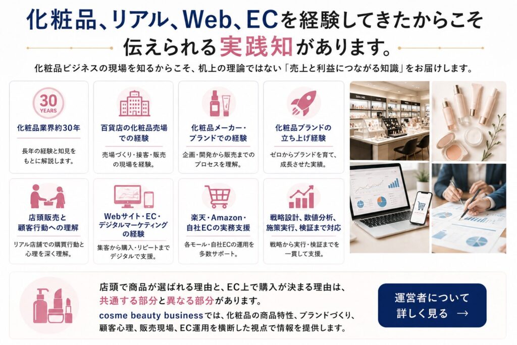 化粧品、リアル、Web、ECを経験してきたからこそ伝えられる実践知があります。
