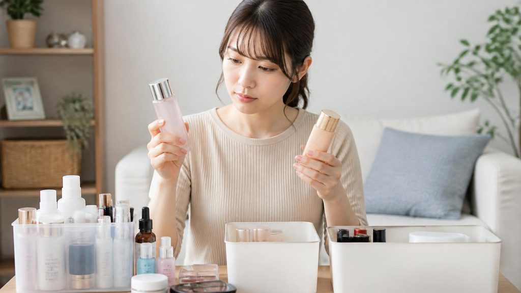化粧品を選別する女性